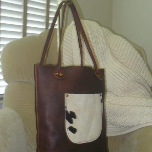 Auth. HAWKS & DOVES Genuine Full Grain Leather & Genuine Cowhide Fur Tote Bag - Picture 2 of 7